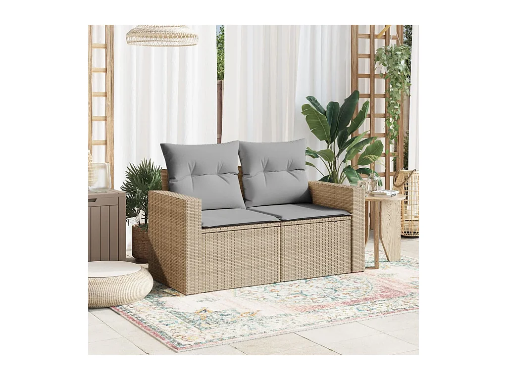 Canapé de jardin avec coussins 2 places beige résine tressée REO61962