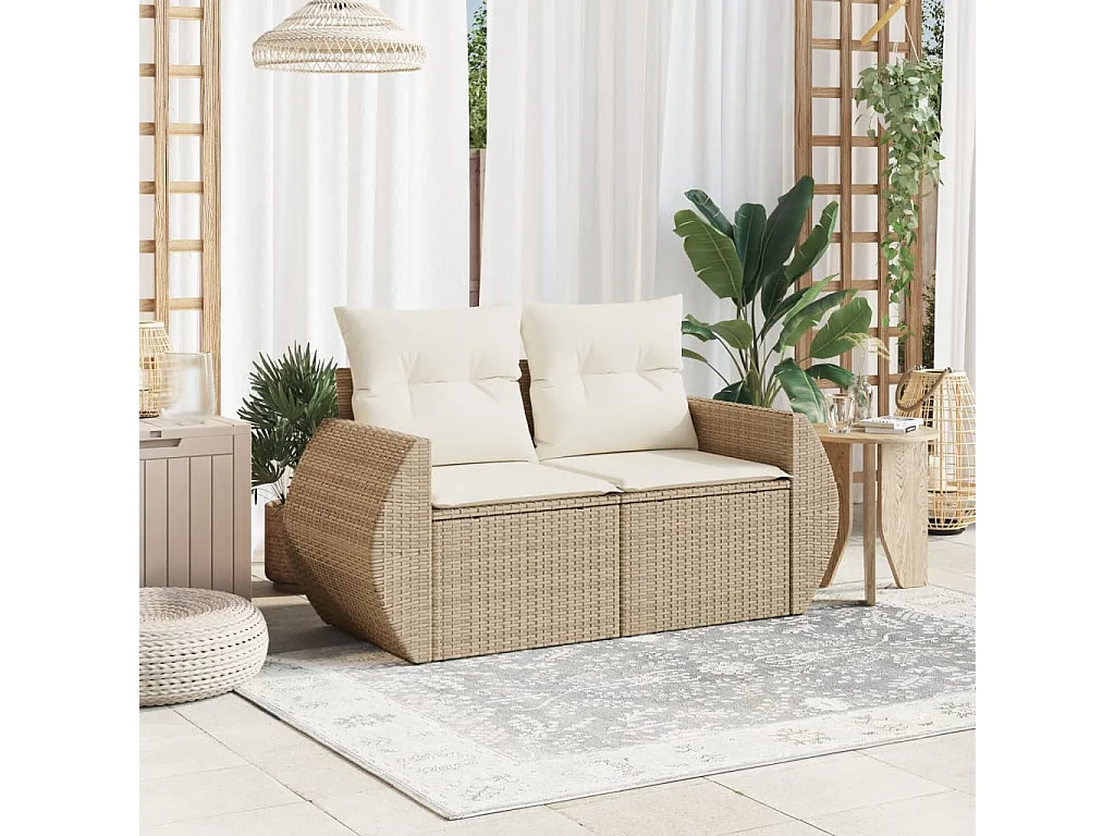 Canapé de jardin avec coussins 2 places beige résine tressée REO76043