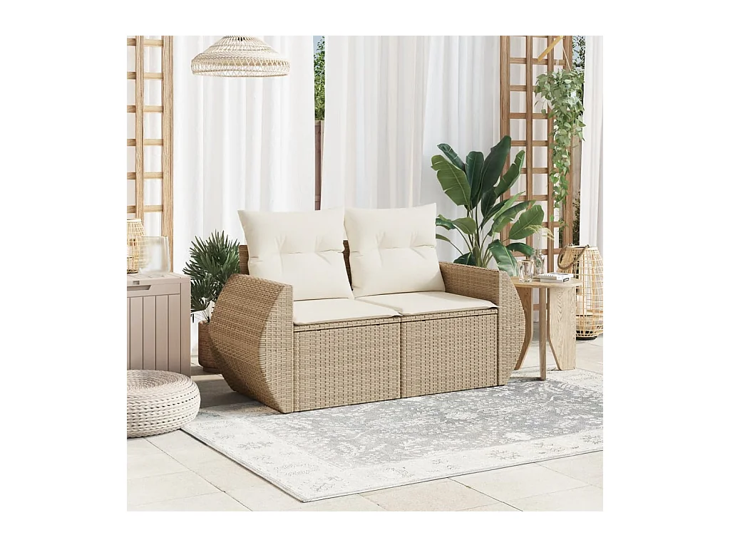 Canapé de jardin avec coussins 2 places beige résine tressée REO76043
