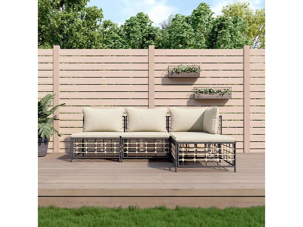 Salon de jardin 4 pcs avec coussins anthracite résine tressée REO87323