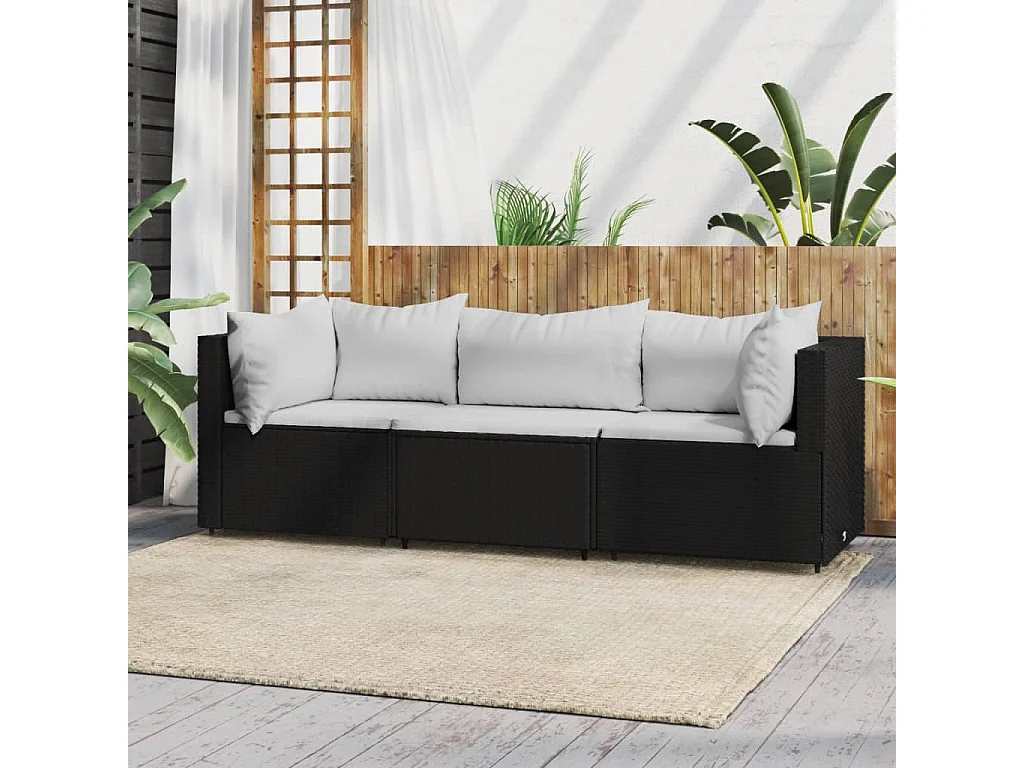 3-tlg. Garten-Sitzgruppe: Sofa + Tisch | Garten-Lounge-Set mit Kissen Schwarz Poly Rattan -GKD727133