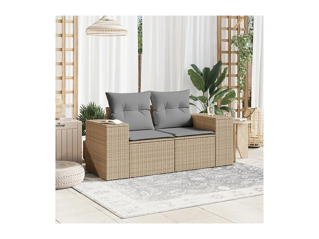 Canapé de jardin avec coussins 2 places beige résine tressée REO30702