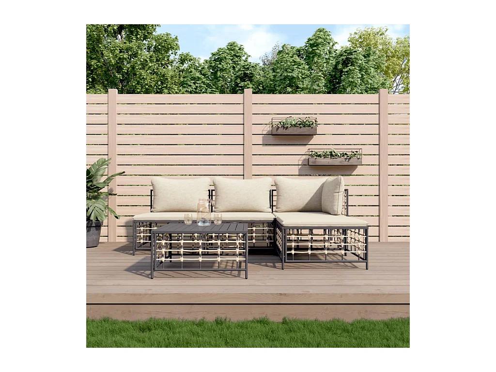 5-tlg. Garten-Sitzgruppe: Sofa + Tisch | Garten-Lounge-Set mit Kissen Anthrazit Poly Rattan -GKD496974