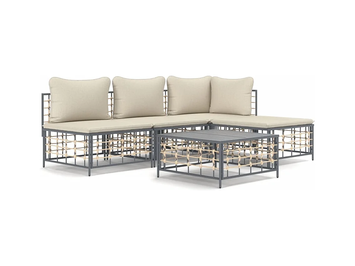 5-tlg. Garten-Sitzgruppe: Sofa + Tisch | Garten-Lounge-Set mit Kissen Anthrazit Poly Rattan -GKD496974