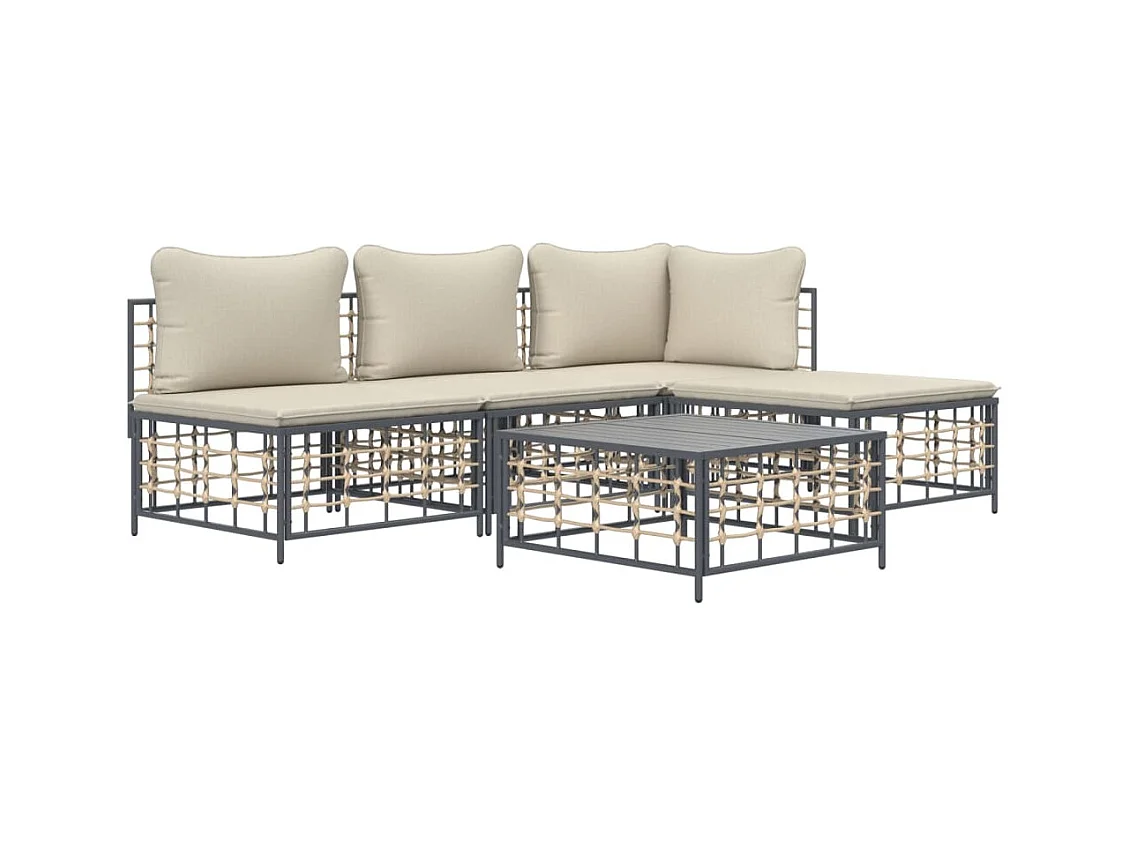5-tlg. Garten-Sitzgruppe: Sofa + Tisch | Garten-Lounge-Set mit Kissen Anthrazit Poly Rattan -GKD496974
