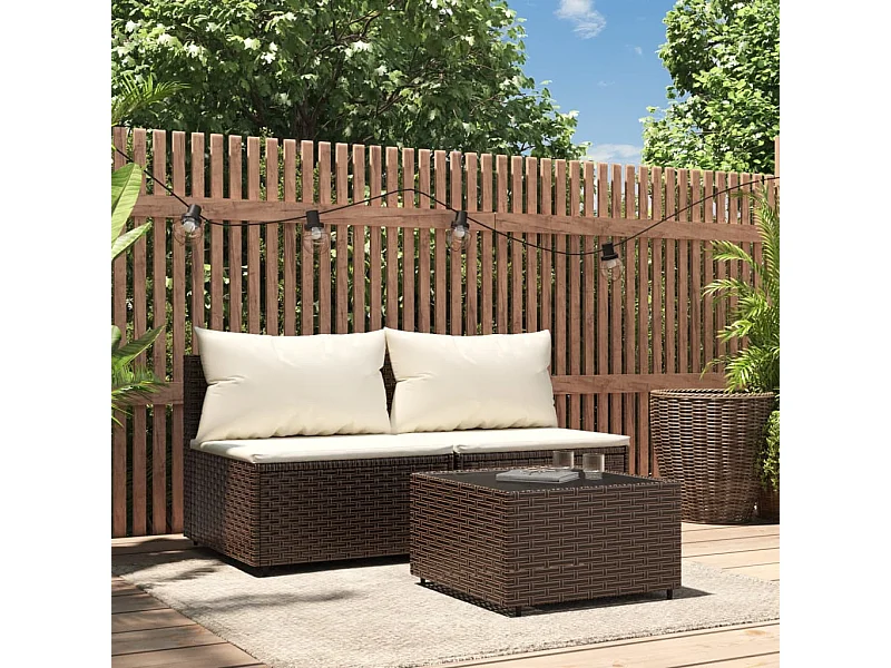 Salon de jardin 3 pcs avec coussins marron résine tressée REO45983