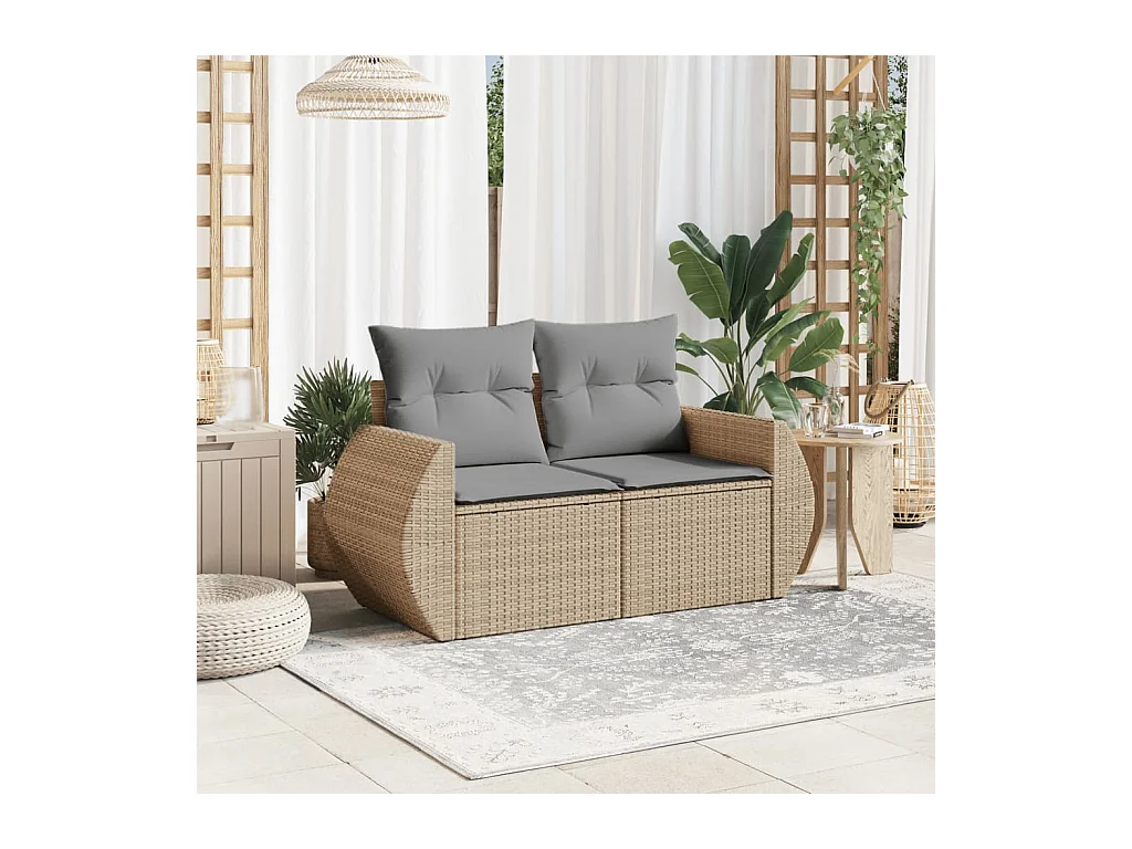 Canapé de jardin avec coussins 2 places beige résine tressée REO64806