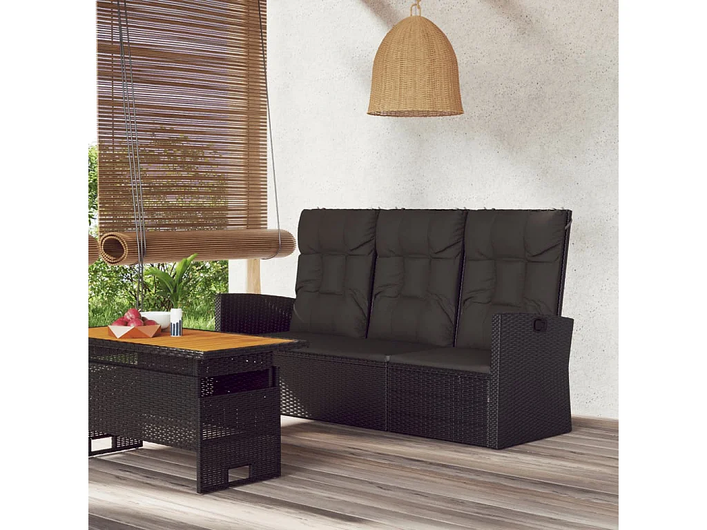 Banc de jardin inclinable et coussins noir 173cm résine tressée REO26408