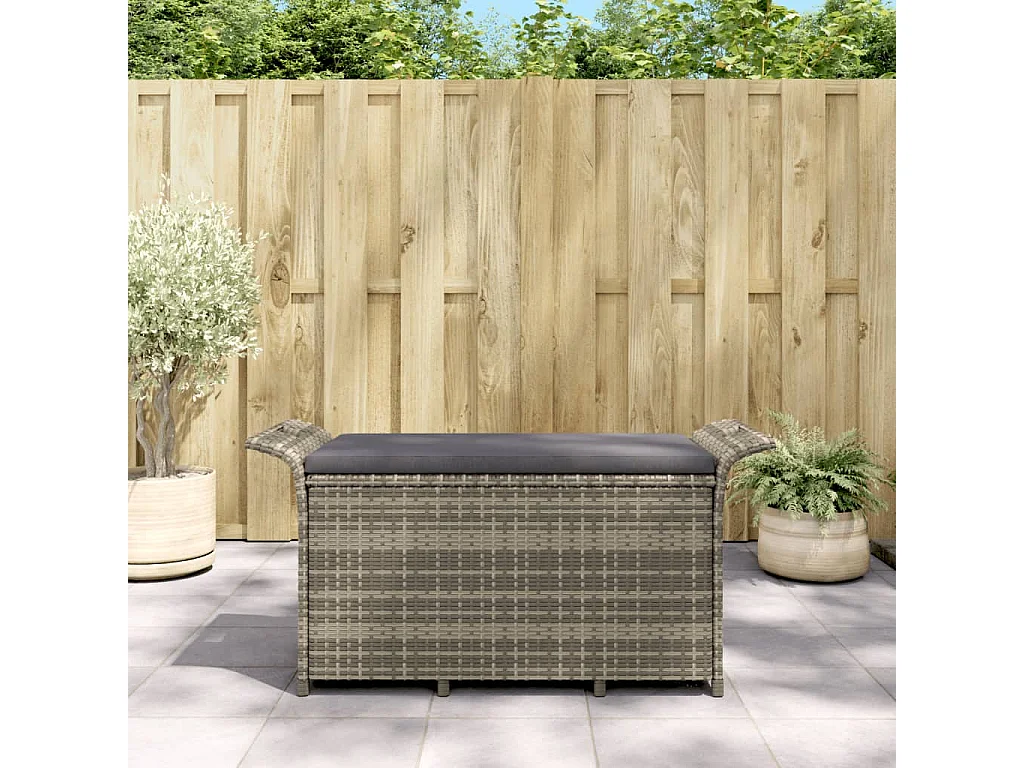 Banc de jardin avec coussin gris 116x46x57 cm résine tressée REO78913