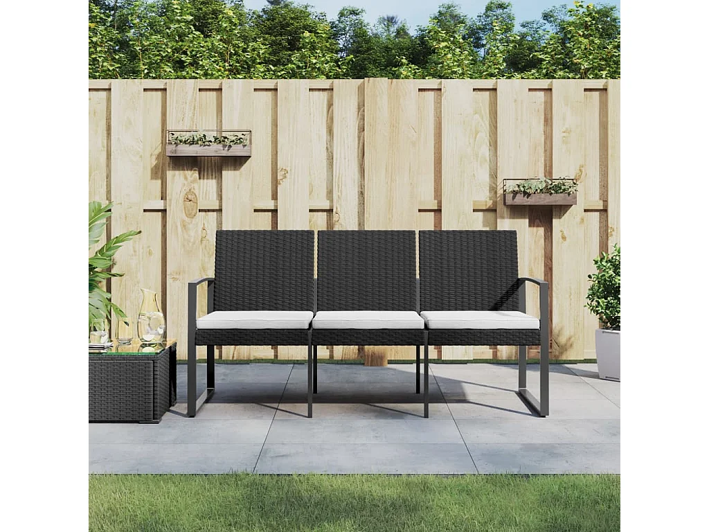 Banc de jardin à 3 places avec coussins noir rotin PP REO55639