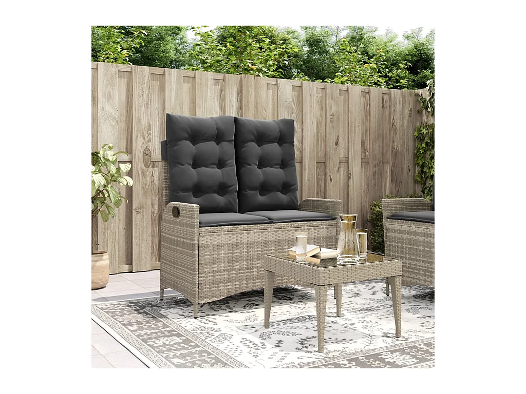 Banc inclinable de jardin et coussins gris clair résine tressée REO87179
