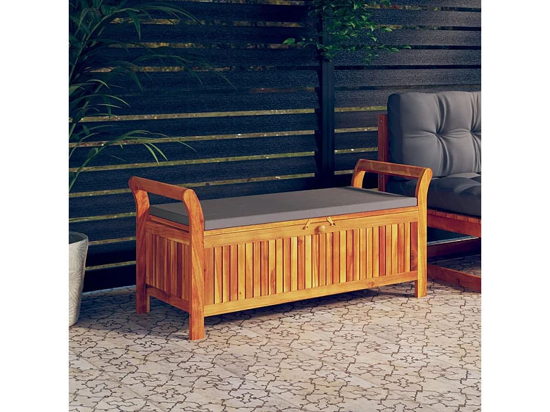 Banco almacenaje jardín con cojín madera maciza de acacia 126cm ES47692