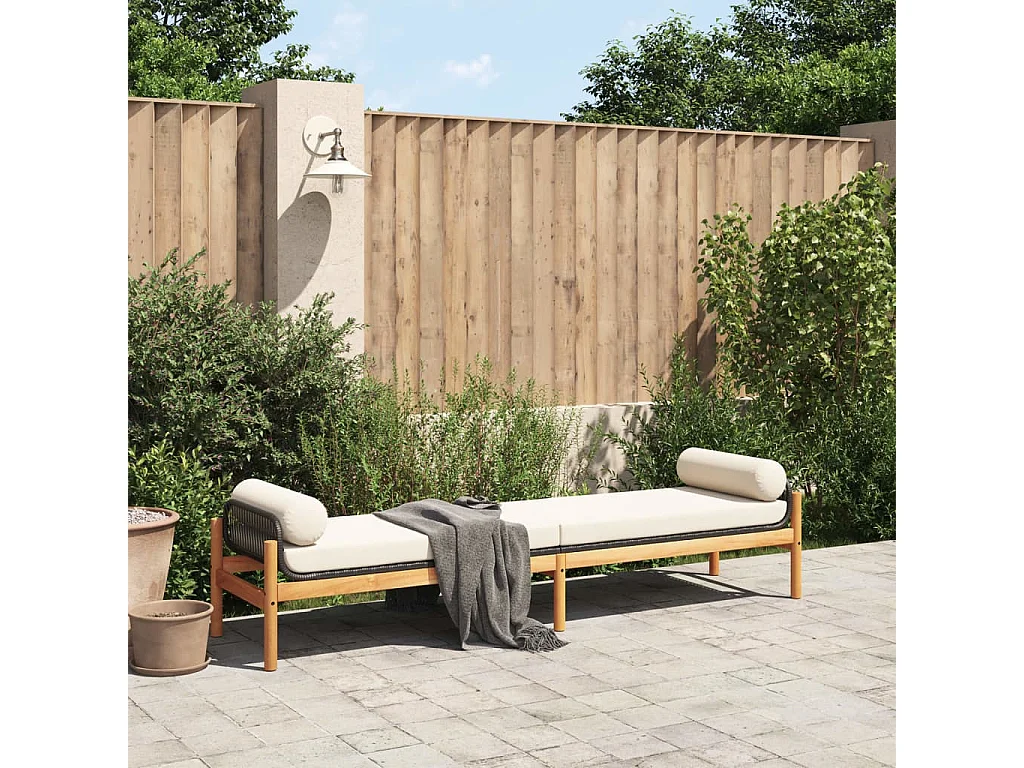 Banc de jardin avec coussin noir résine tressée acacia REO24168