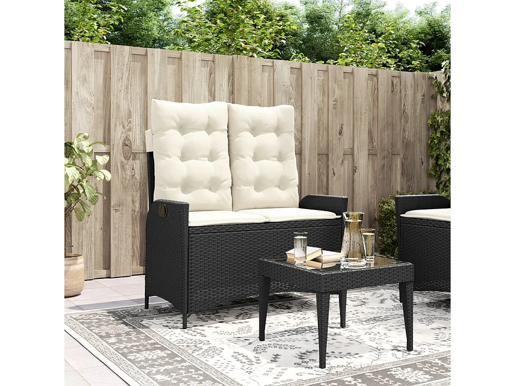 Banc inclinable de jardin avec coussins noir résine tressée REO25752