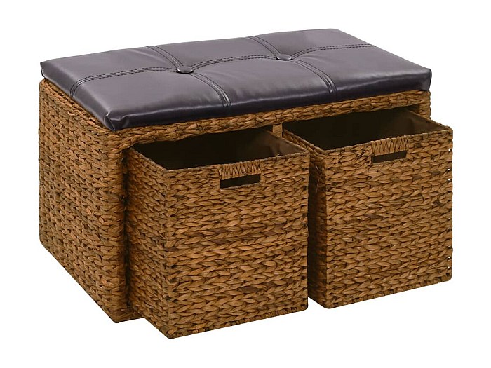 Panca in Giunco con 2 Ceste 71x40x42 cm Grigio 246117