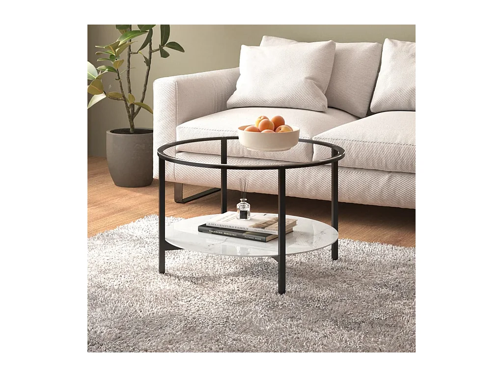 Table basse Noir et marbre blanc 70 cm Verre trempé GHR24957