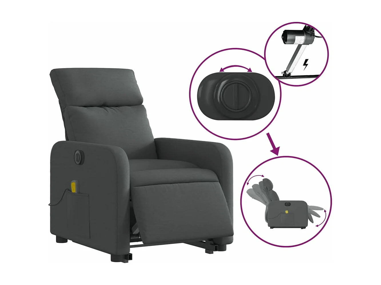 Sillón de masaje eléctrico reclinable elevable tela gris oscuro YOE33142