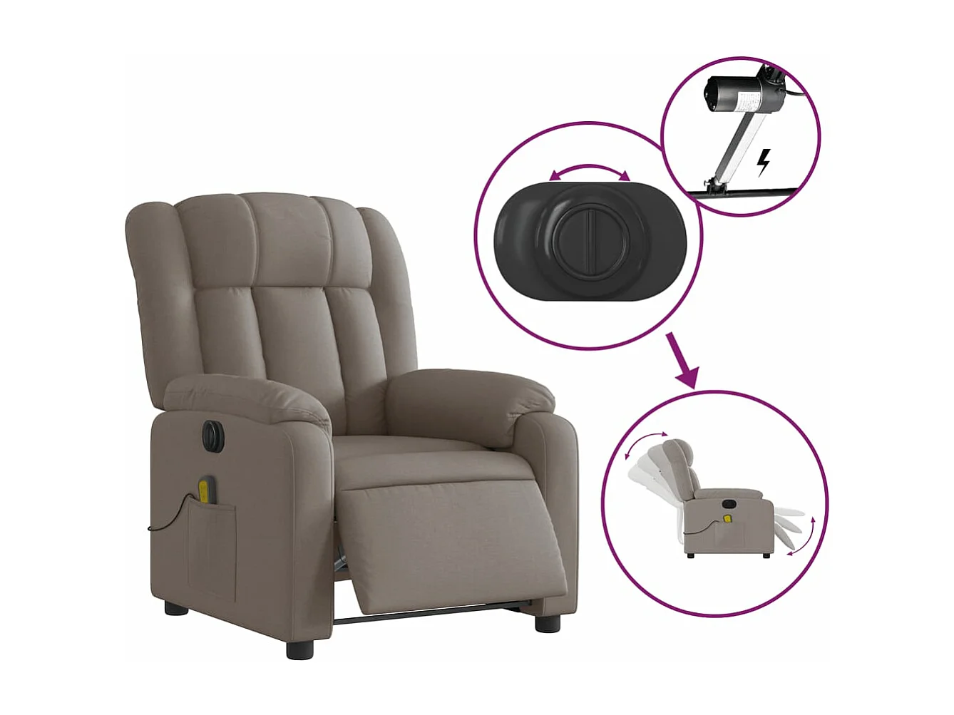 Fauteuil de massage inclinable électrique Taupe Tissu REO74455