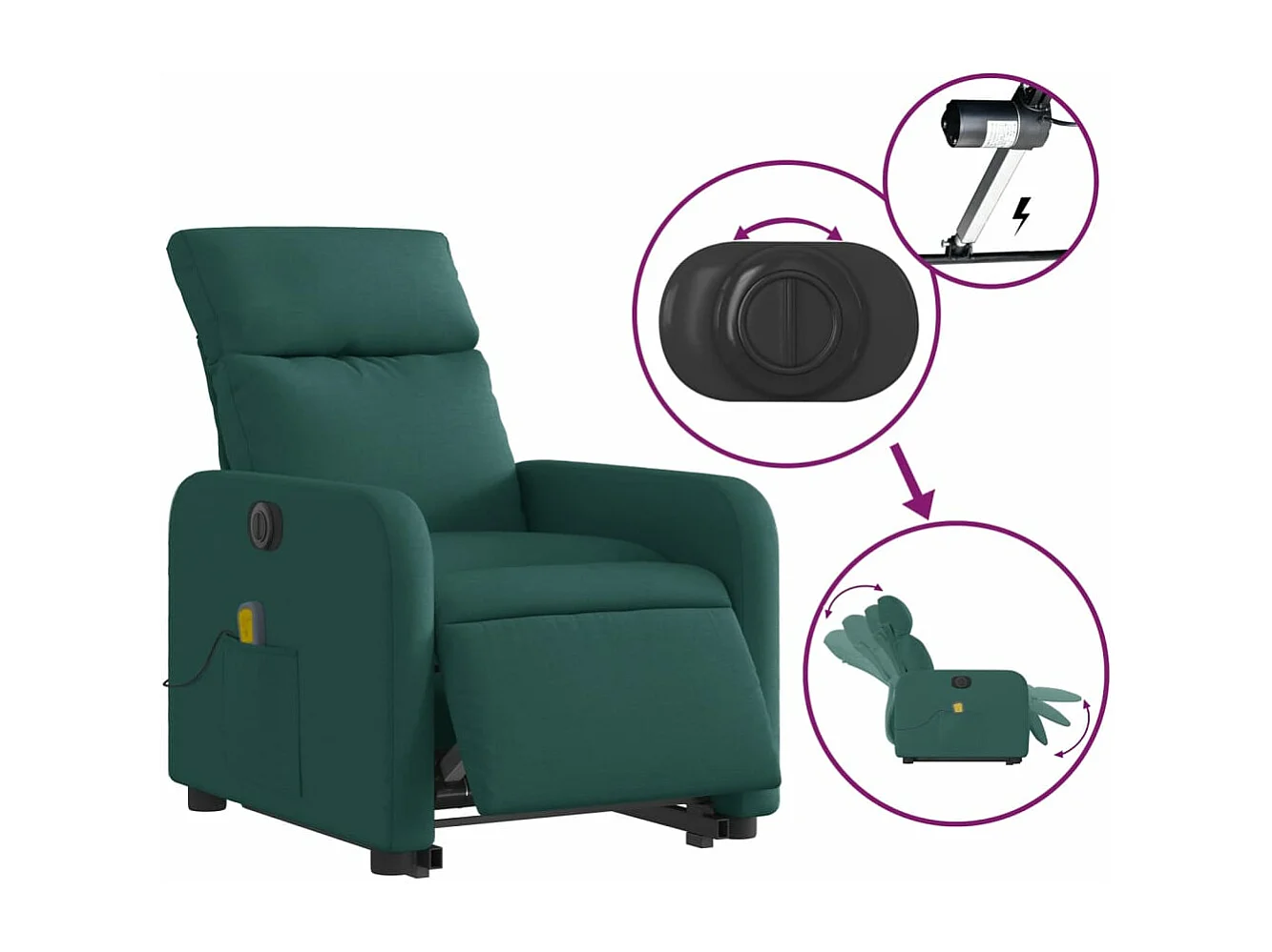 Sillón masaje eléctrico reclinable elevable tela verde oscuro YOE91930