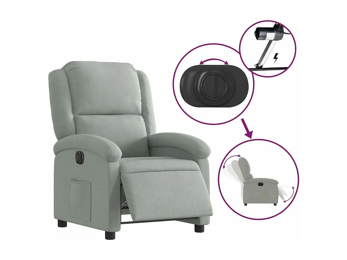 Fauteuil inclinable électrique gris clair velours REO91788