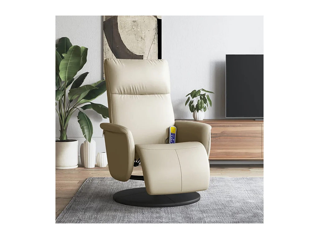 Fauteuil inclinable de massage et repose-pieds crème similicuir REO46479