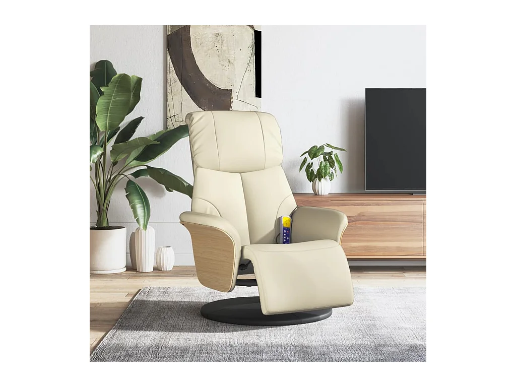 Fauteuil inclinable de massage et repose-pieds crème similicuir REO61571