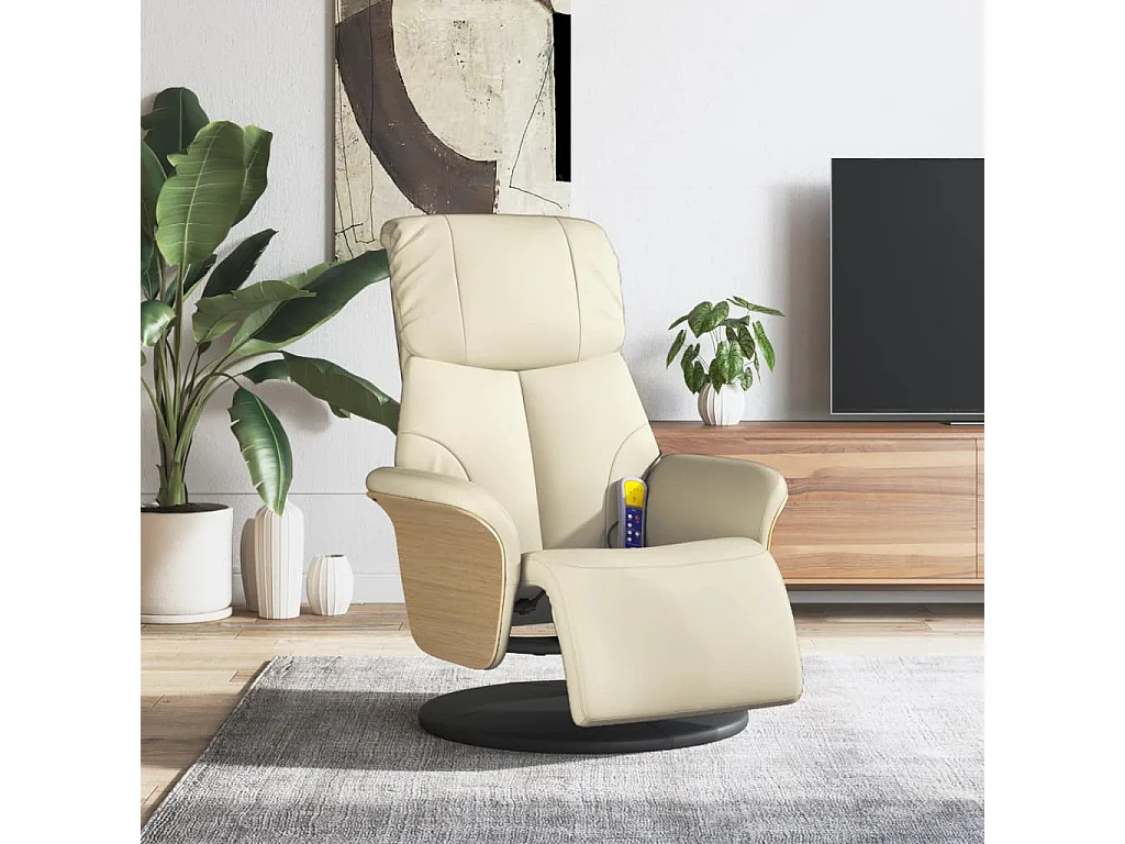 Fauteuil inclinable de massage et repose-pieds crème similicuir REO61571
