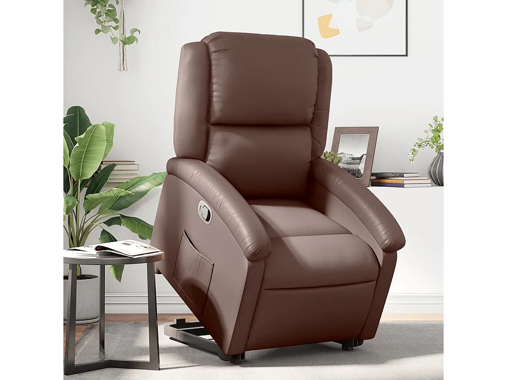 Sillón reclinable elevable cuero sintético marrón YOE94211