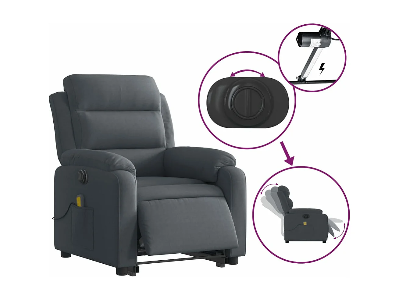 Fauteuil inclinable de massage électrique gris foncé velours REO55170