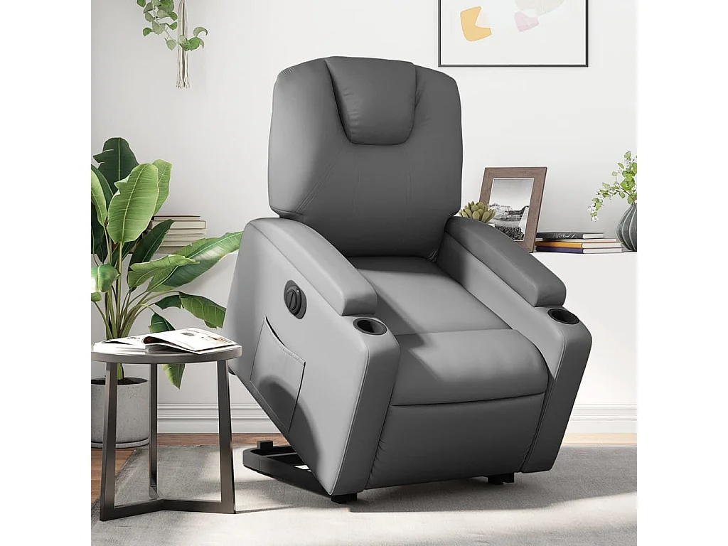 Sillón reclinable elevable eléctrico de cuero sintético gris YOE77099