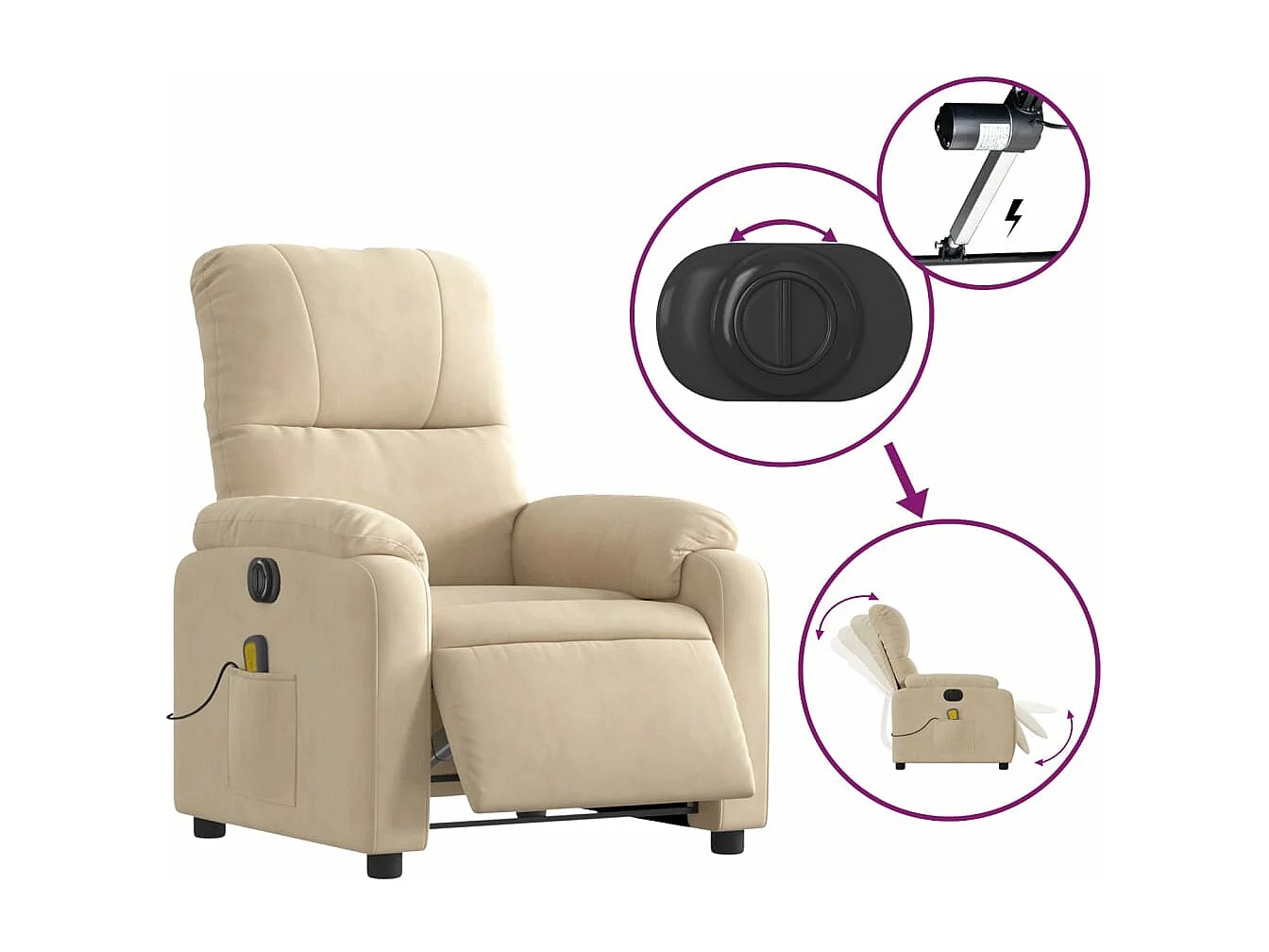 Sillón reclinable masaje eléctrico tela microfibra color crema YOE76111