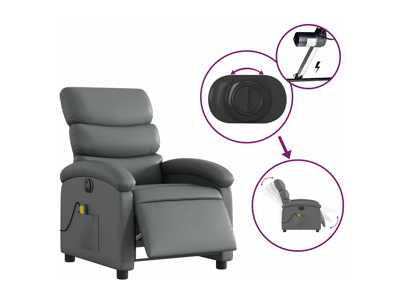 Fauteuil de massage inclinable électrique gris similicuir REO36331