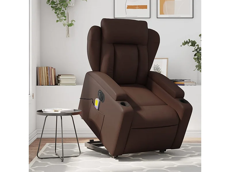 Sillón de masaje elevable eléctrico cuero sintético marrón YOE98324