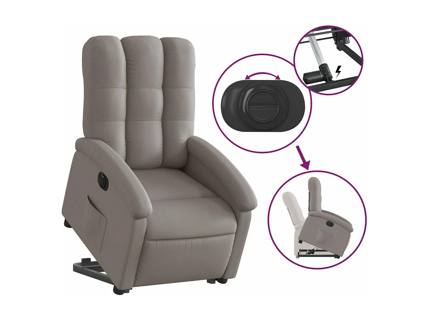 Sillón eléctrico reclinable elevable de tela gris taupe ES708013