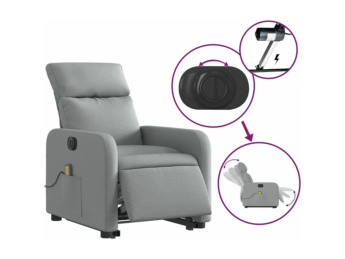 Sillón de masaje eléctrico reclinable elevable tela gris claro YOE66381