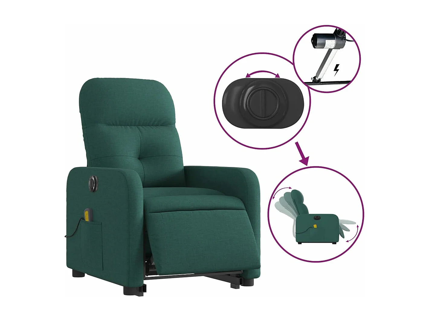 Sillón masaje eléctrico reclinable elevable tela verde oscuro YOE52710