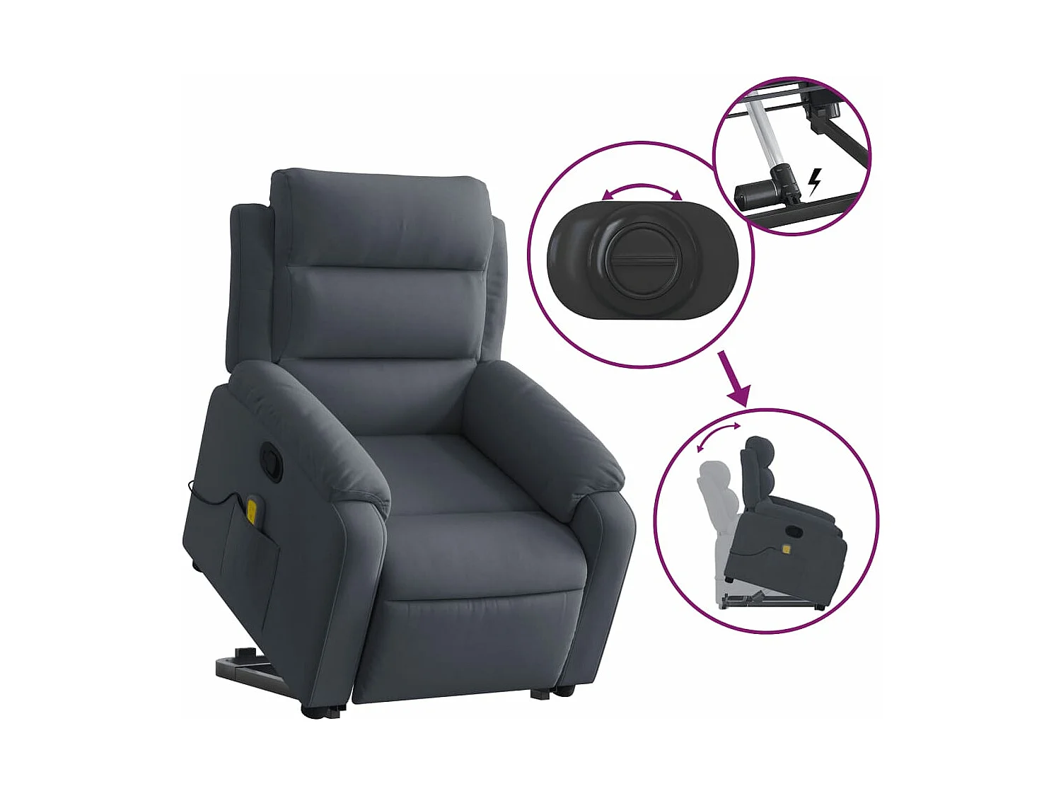 Sillón reclinable de masaje elevable terciopelo gris oscuro YOE68865