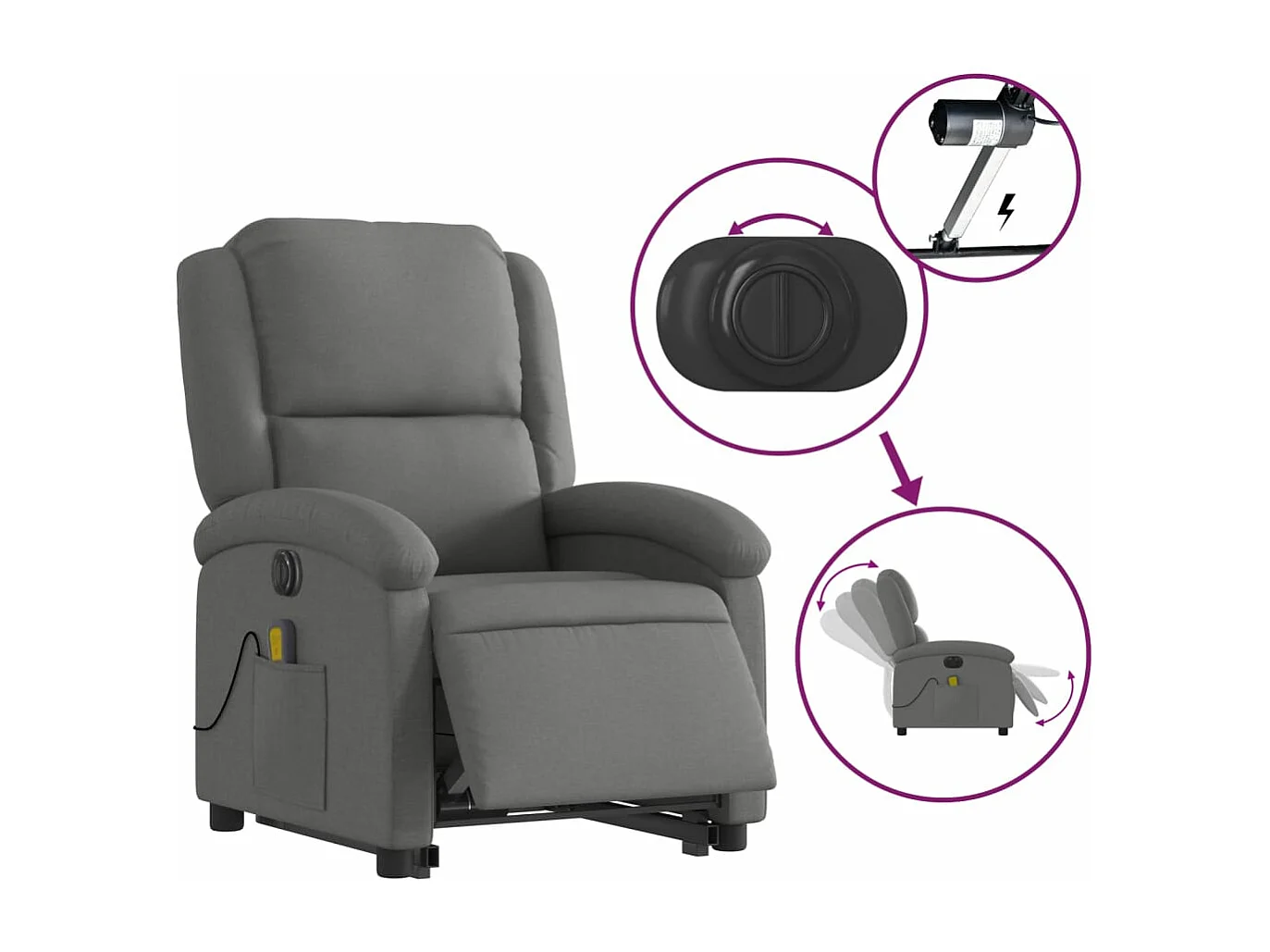 Sillón de masaje eléctrico reclinable elevable tela gris oscuro YOE70676