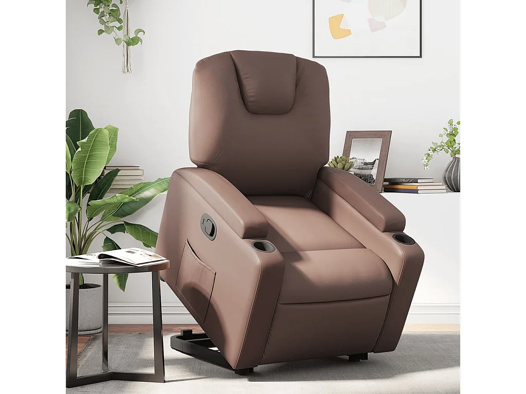Sillón reclinable elevable cuero sintético marrón YOE88688