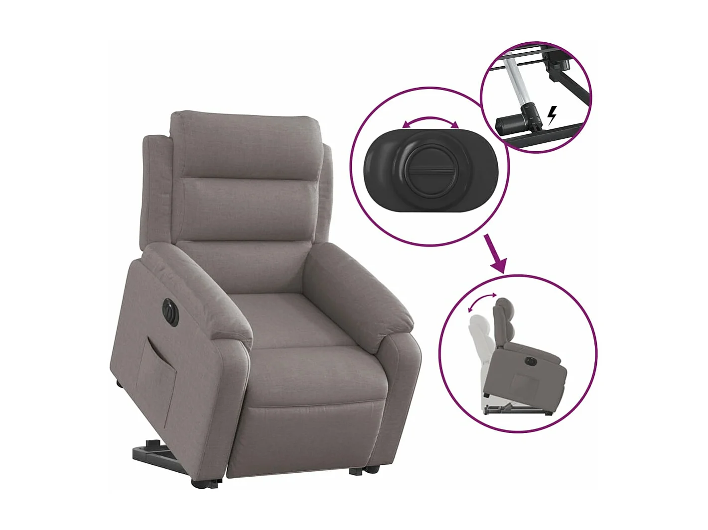 Sillón eléctrico reclinable elevable de tela gris taupe YOE12562