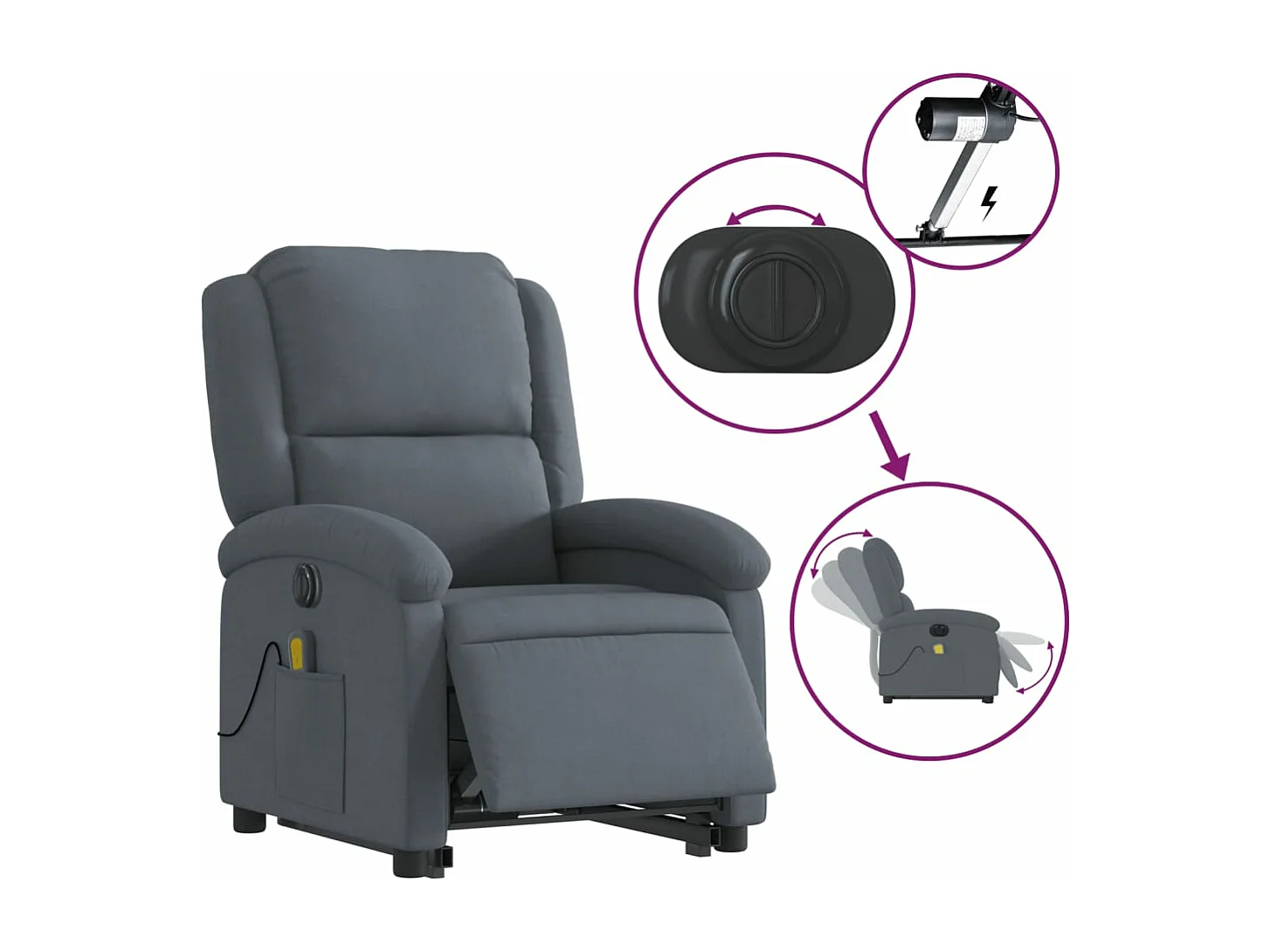 Fauteuil inclinable de massage électrique gris foncé velours REO57565