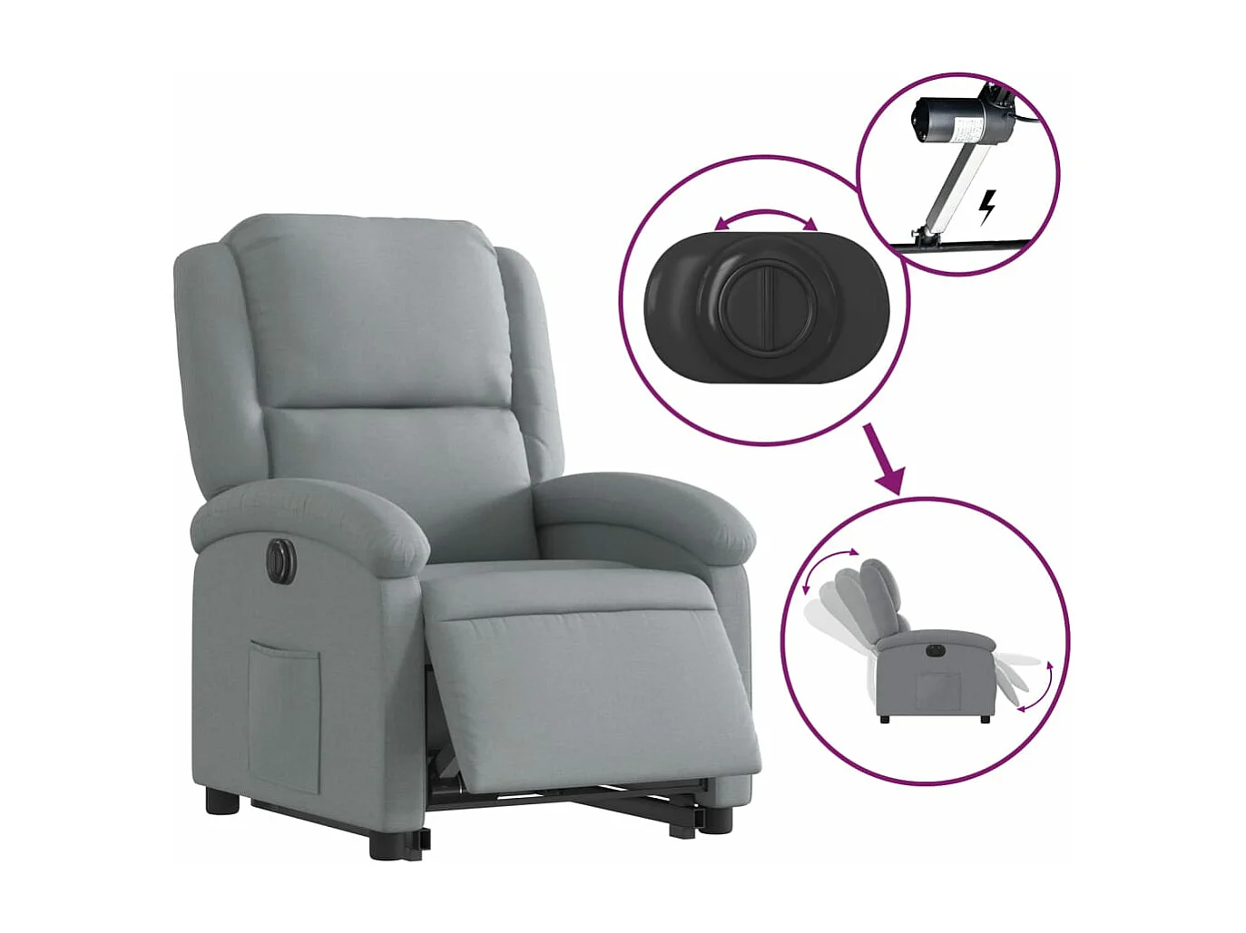 Fauteuil inclinable électrique gris clair tissu REO98866
