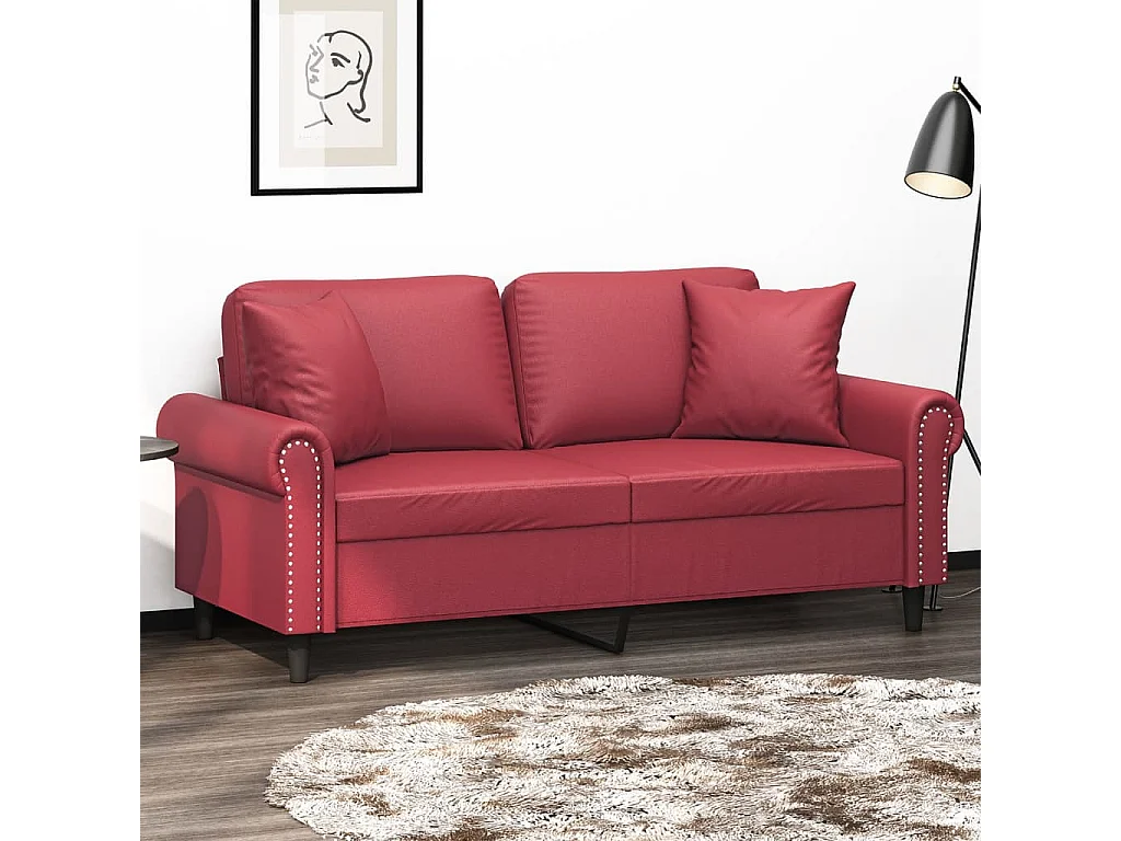 Sofá de 2 plazas con cojines cuero sintético rojo tinto 140 cm ES65040