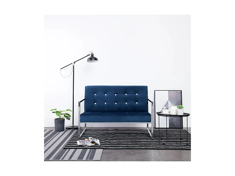 Sofá de dos plazas con reposabrazos cromados y terciopelo azul PWFG11630