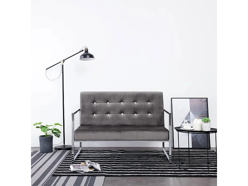 Canapé 2 places avec accoudoirs Gris foncé Chrome et velours REO53469