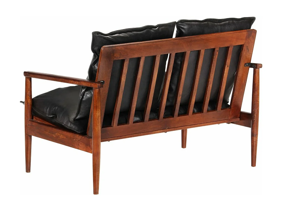 Canapé 2 places noir cuir véritable et bois d'acacia solide REO84548
