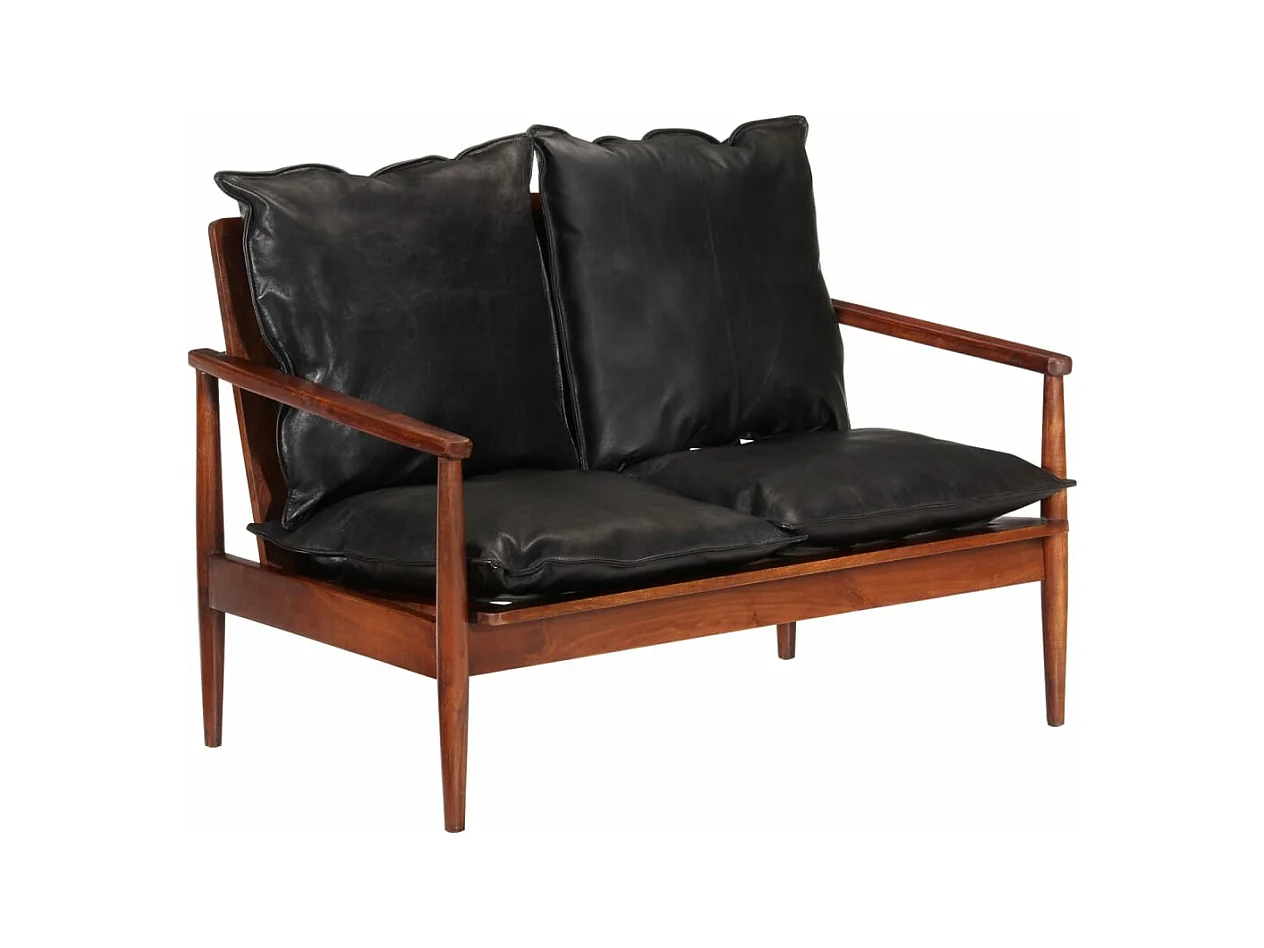 Canapé 2 places noir cuir véritable et bois d'acacia solide REO84548