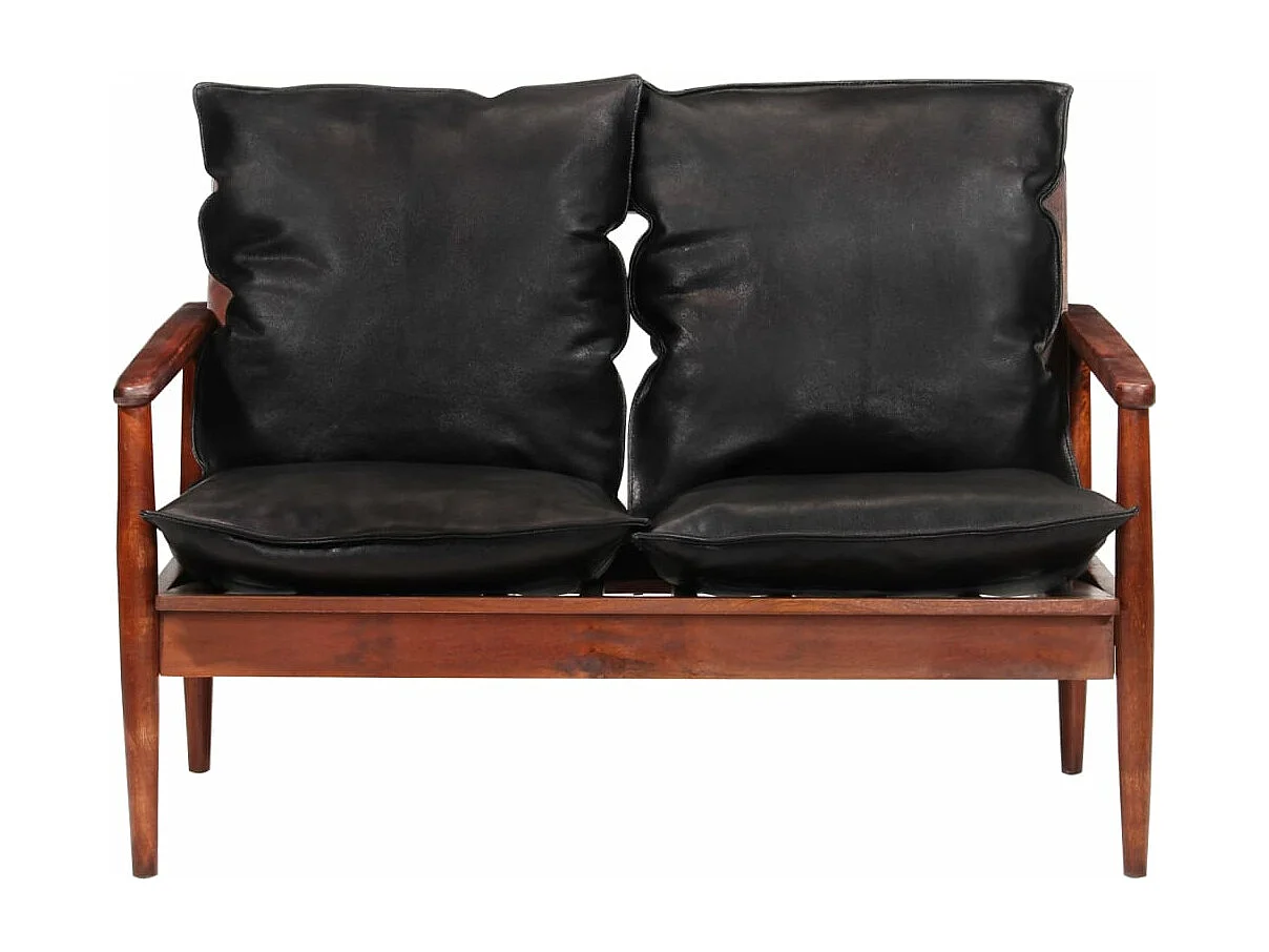 Canapé 2 places noir cuir véritable et bois d'acacia solide REO84548