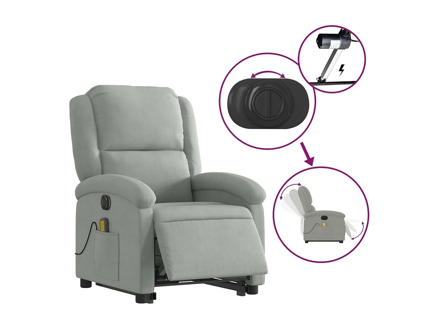 Fauteuil inclinable de massage électrique gris clair velours REO68056