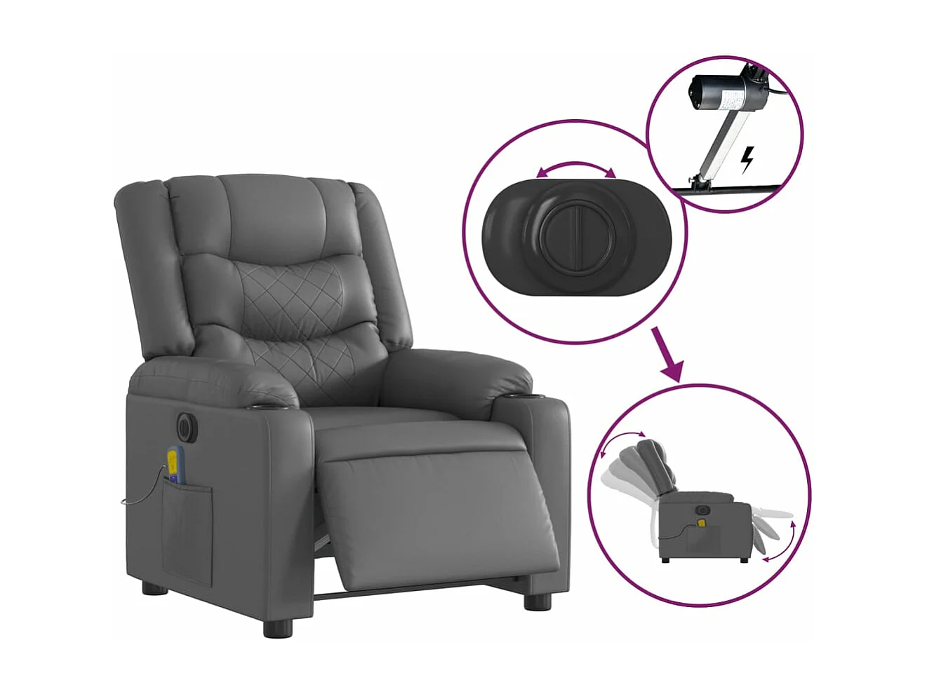 Fauteuil de massage inclinable électrique gris similicuir REO20190
